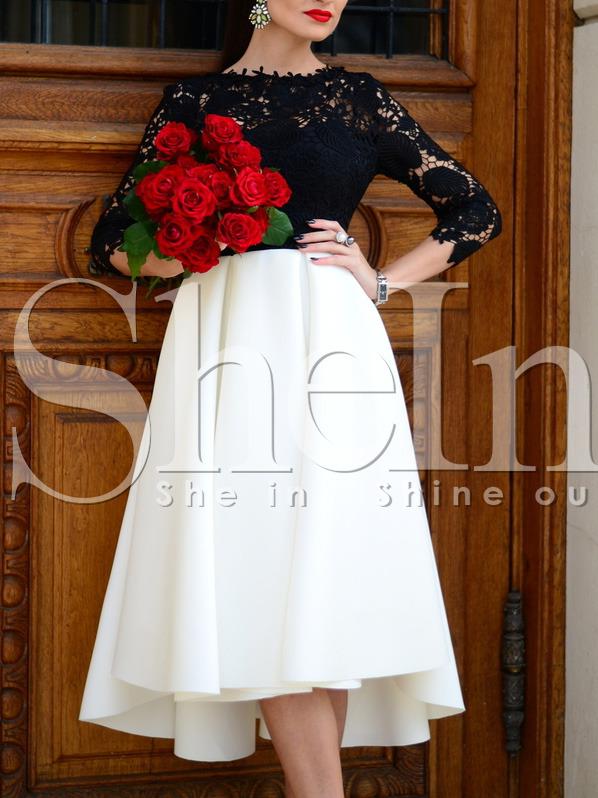 Shein Black Lace Embroidered Contrast Hem Dress
