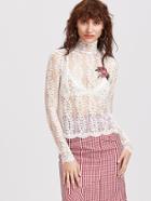 Shein White Stand Collar Embroidered Sheer Lace Blouse