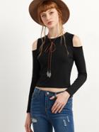 Shein Black Open Shoulder Ribbed T-shirt