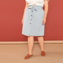 Shein Plus Belted Frill Waist Buttoned Skirt