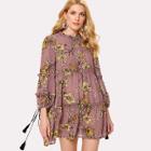 Shein Tassel Tie Cuff Tiered Seam Botanical Dress