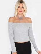 Shein Ribbed Bardot Crop Top Heather Grey