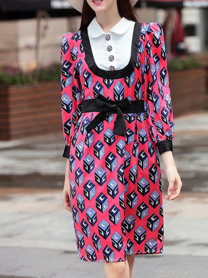 Shein Hot Pink Doll Neck Bowknot Print Dress