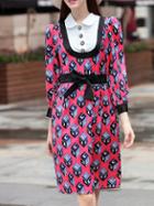 Shein Hot Pink Doll Neck Bowknot Print Dress