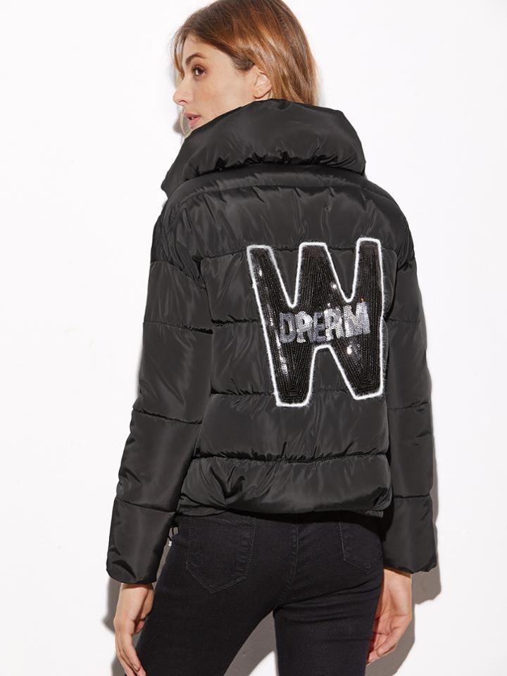 Shein Black Back Letter Sequin Drawstring Hem Padded Coat