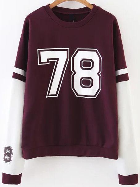 Shein Burgundy Color Block Varsity Print Sweatshirt