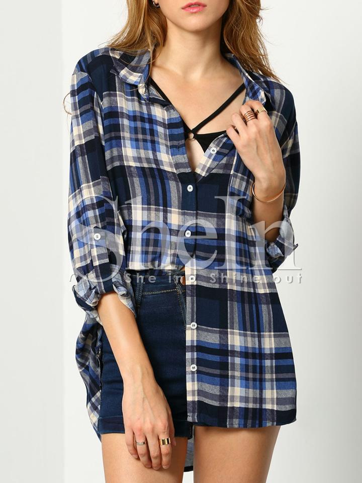 Shein Blue Long Sleeve Lapel Plaid Blouse