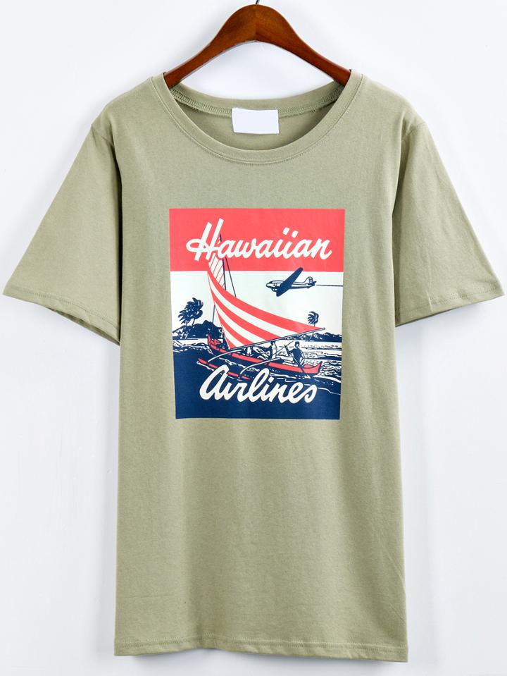 Shein Army Green Print T-shirt