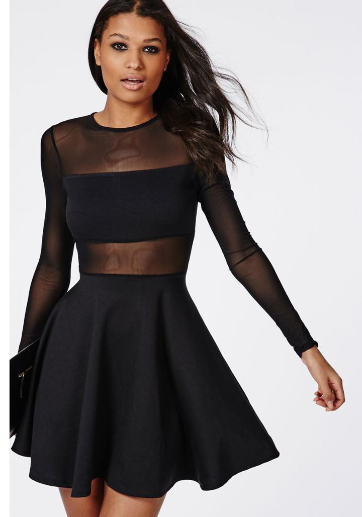 Shein Black Long Sleeve Contrast Mesh Yoke Dress