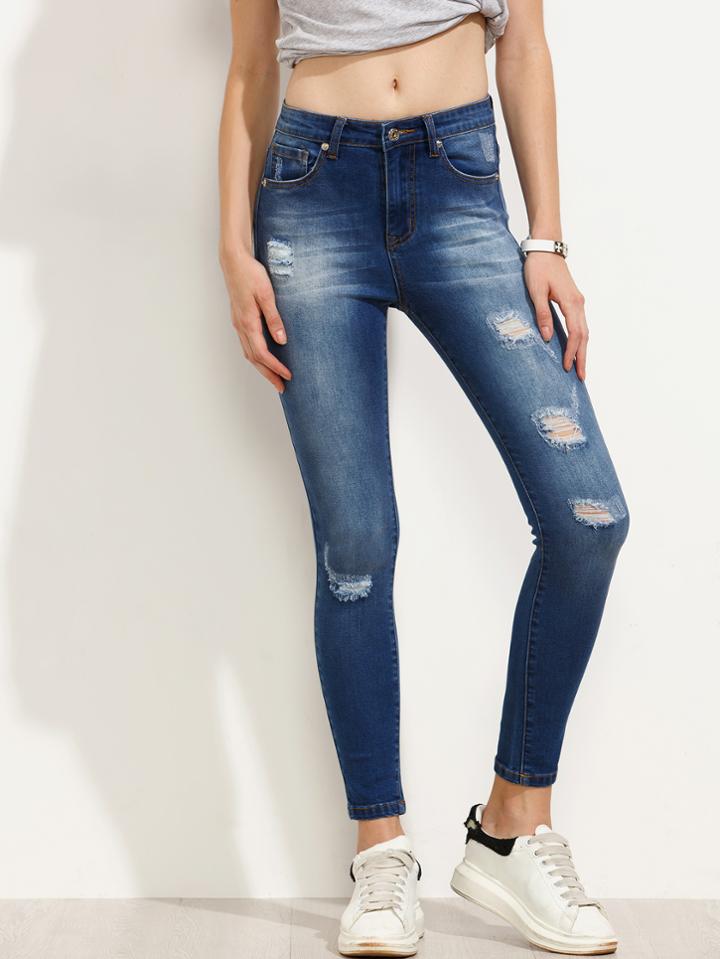 Shein Blue Mid Waist Ripped Long Denim Pants