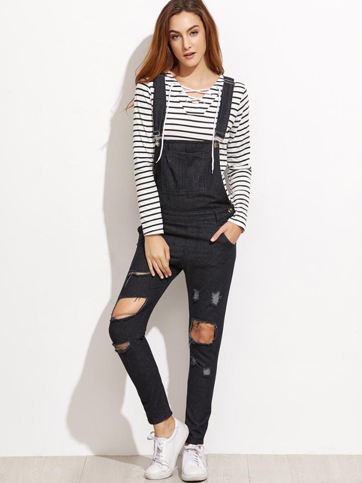 Shein Black Ripped Overall Jeans