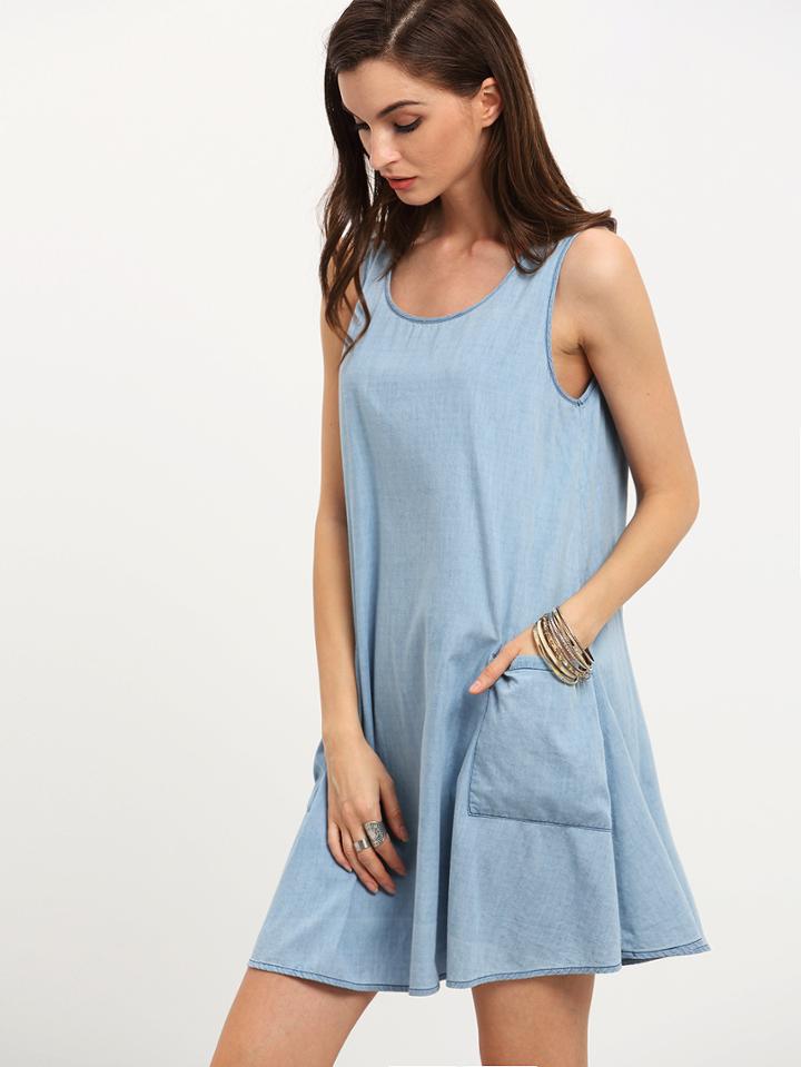Shein Blue Sleeveless Pocket Shift Dress