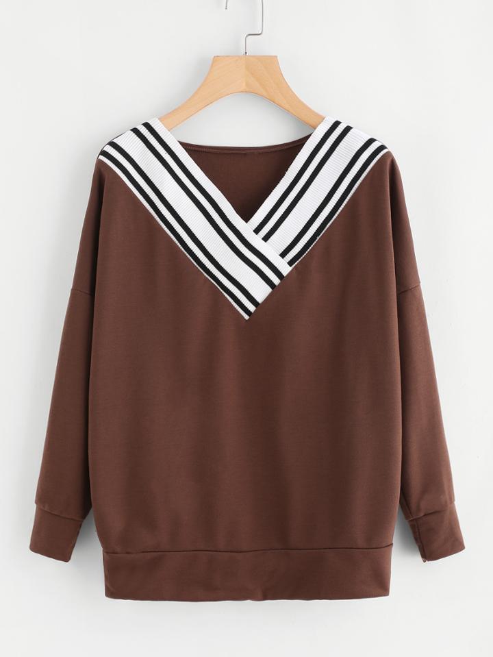 Shein Contrast Stripe Trim Drop Shoulder Pullover