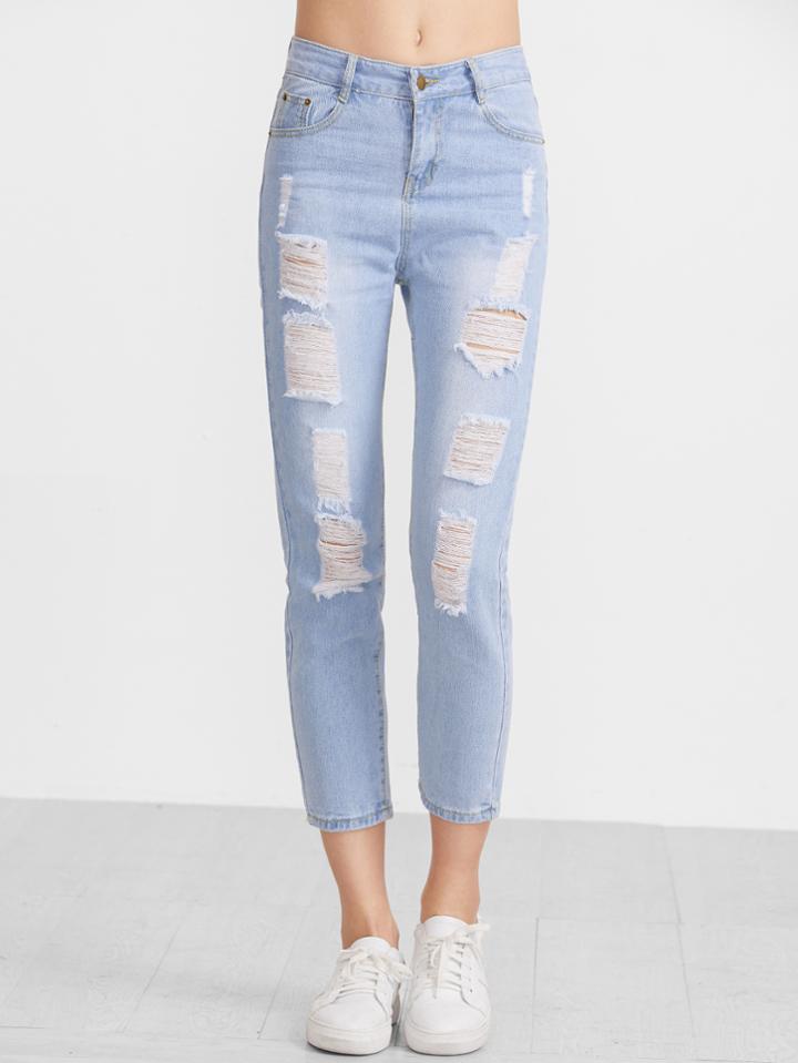 Shein Pale Blue Ripped Ankle Jeans