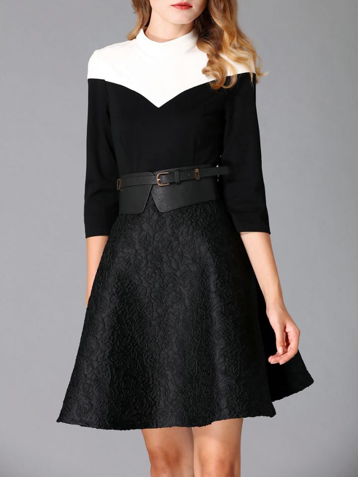 Shein Black Contrast White Belted Jacquard A-line Dress