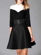 Shein Black Contrast White Belted Jacquard A-line Dress