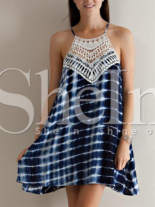 Shein Blue Spaghetti Strap Crochet Lace Geometric Print Dress