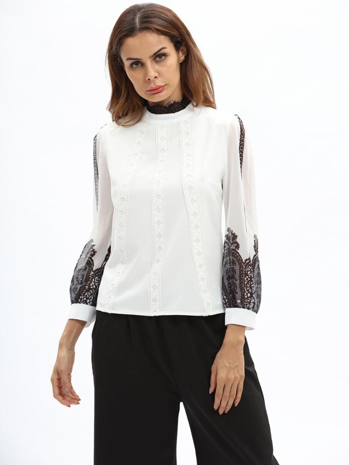 Shein Lace Crochet Contrast Sleeve Blouse