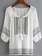Shein White Embroidered Lace Up Blouse