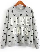 Shein Grey Crew Neck Cats Letters Print Sweatshirt