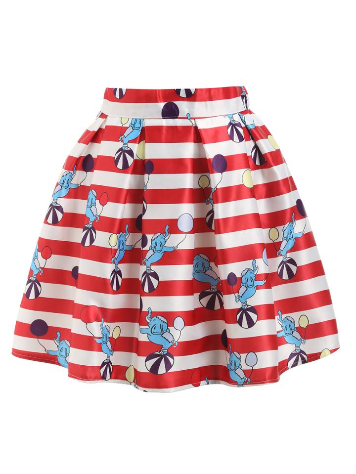 Shein Red Striped Elephant Print Flare Skirt