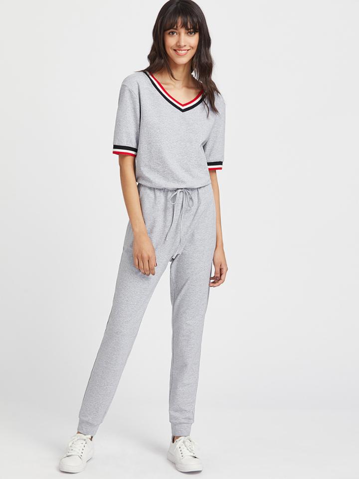 Shein Striped Trim Drawstring Waist Jumpsuit