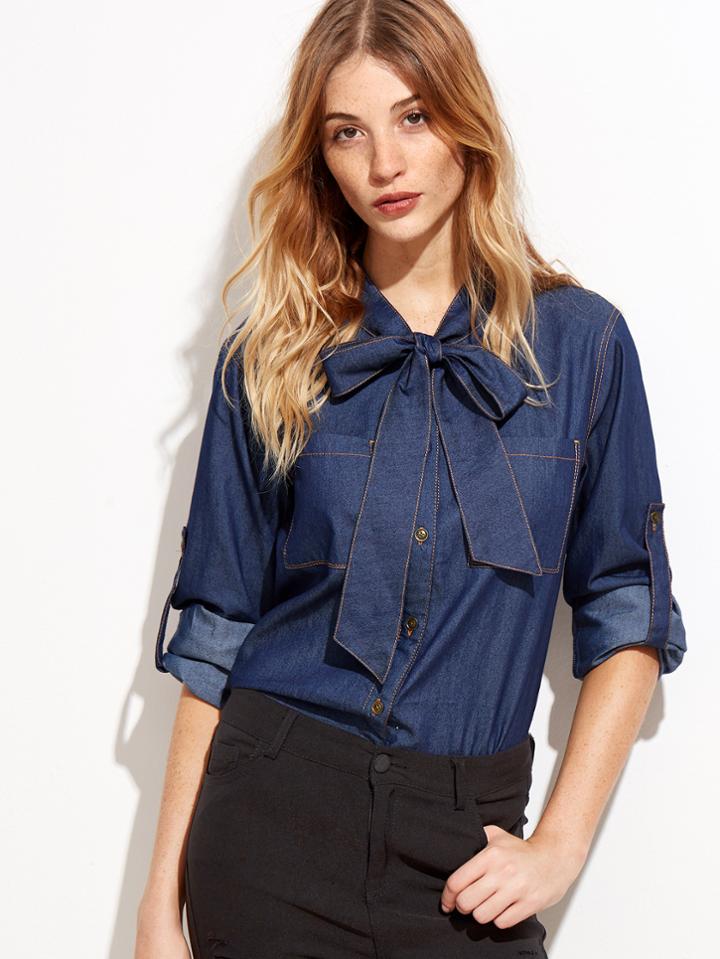 Shein Navy Tie Neck Roll Sleeve Chambray Blouse