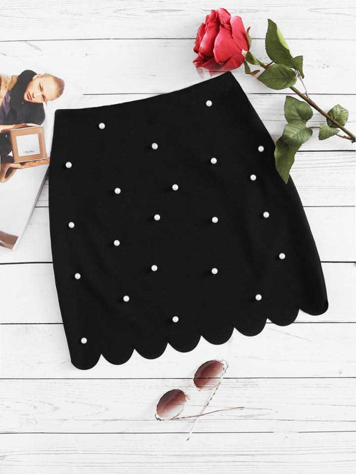 Shein Scallop Hem Pearl Beading Skirt