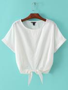 Shein White Roll-up Cuff Elastic Bow Waist Crop Blouse