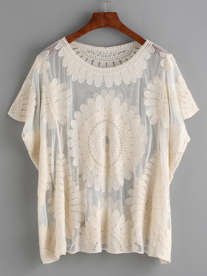 Shein Crochet Sheer Mesh Beige Batwing Blouse