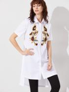 Shein White Side Slit High Low Embroidered Blouse