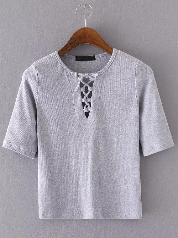 Shein Grey Lace Up Slim T-shirt