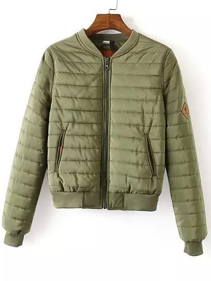 Shein Army Green Quilted Quilting Striped Crop Coat