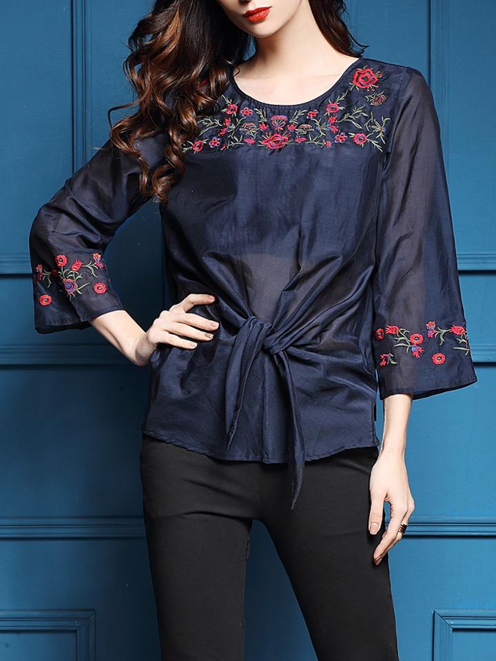Shein Navy Flowers Embroidered Sheer Blouse