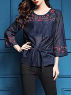 Shein Navy Flowers Embroidered Sheer Blouse