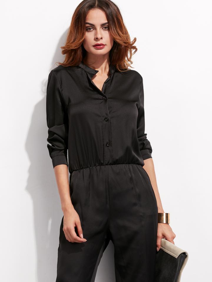 Shein Black Elastic Waist Button Front Jumpsuit