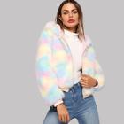 Shein Zip Up Colorful Faux Fur Teddy Coat