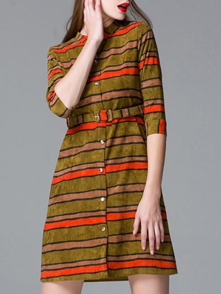 Shein Green Color Block Striped Pockets Belted Dress