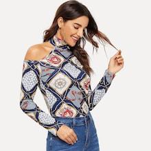 Shein Cut-out Shoulder Mock-neck Mixed Print Tee