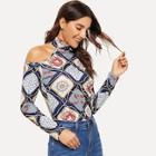 Shein Cut-out Shoulder Mock-neck Mixed Print Tee
