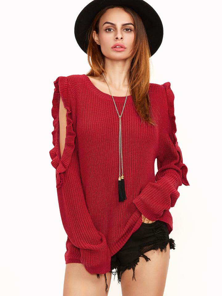 Shein Red Ruffle Trim Open Shoulder Sweater