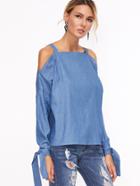 Shein Blue Cold Shoulder Tie Sleeve Chambray Top