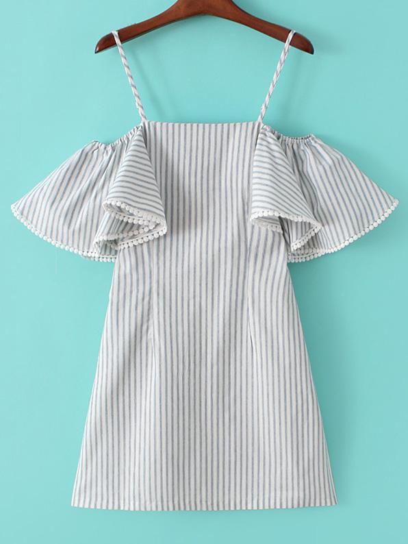 Shein Blue Vertical Striped Off The Shoulder Ruffle Blouse