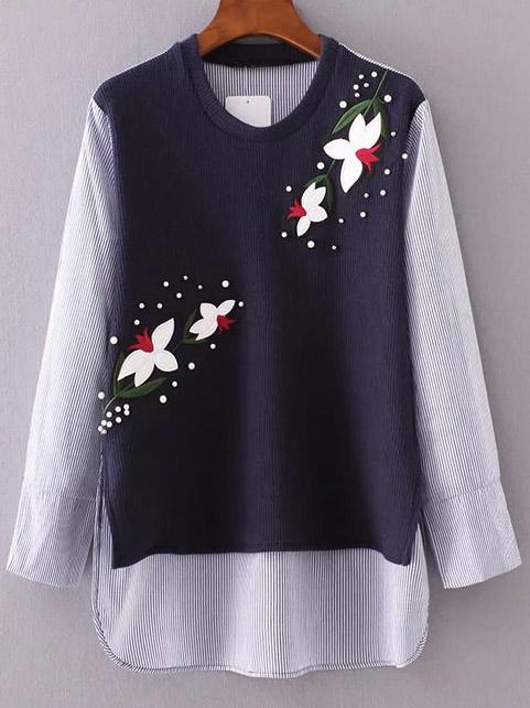 Shein Vertical Striped Embroidery 2 In 1 Beaded Blouse