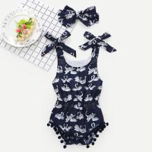Shein Girls Baby Pom Pom Hem Swan Print Romper With Headband