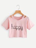 Shein Cut Out Neck Letter Print Crop Tee