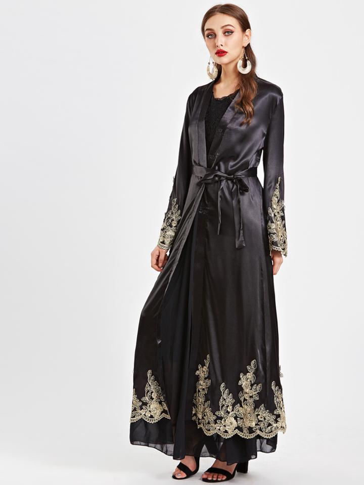 Shein Embroidered Appliques Scallop Trim Self Tie Longline Abaya
