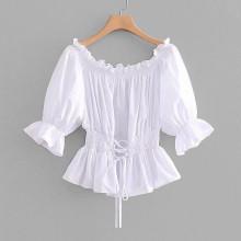 Shein Frill Trim Lace-up Pep Hem Blouse