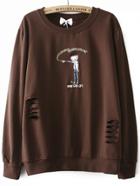 Shein Brown Embroidery Ripped Sweatshirt