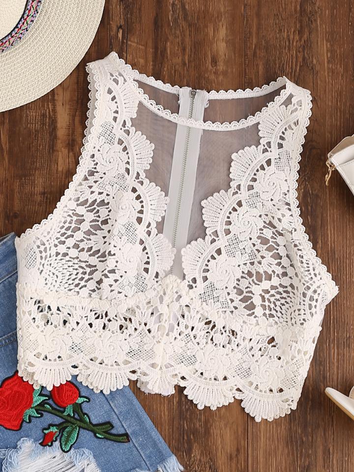 Shein Scallop Lace Applique Exposed Zip Tulle Tank Top
